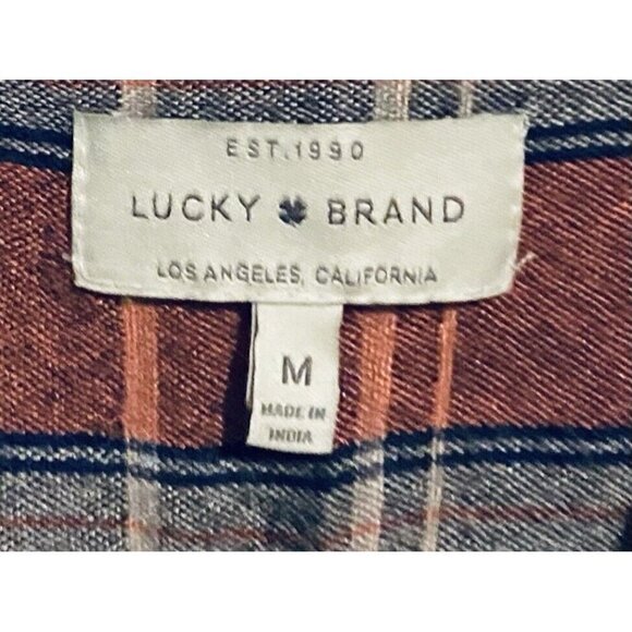 Lucky Brand Top Womens Medium Red Gray Plaid Button Up Long Sleeve Boho Comfy - Picture 8 of 11